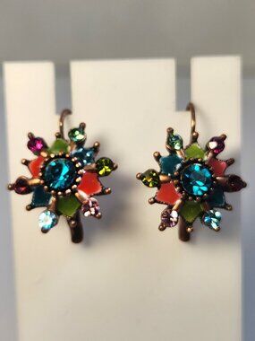 Vintage 1990s Anne Koplik Multicolor Enamel Crystal Floral Leverback Earrings
